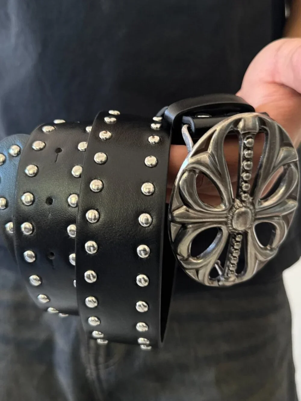 Black Studded Faux Leather Metal Cross Buckle Belt